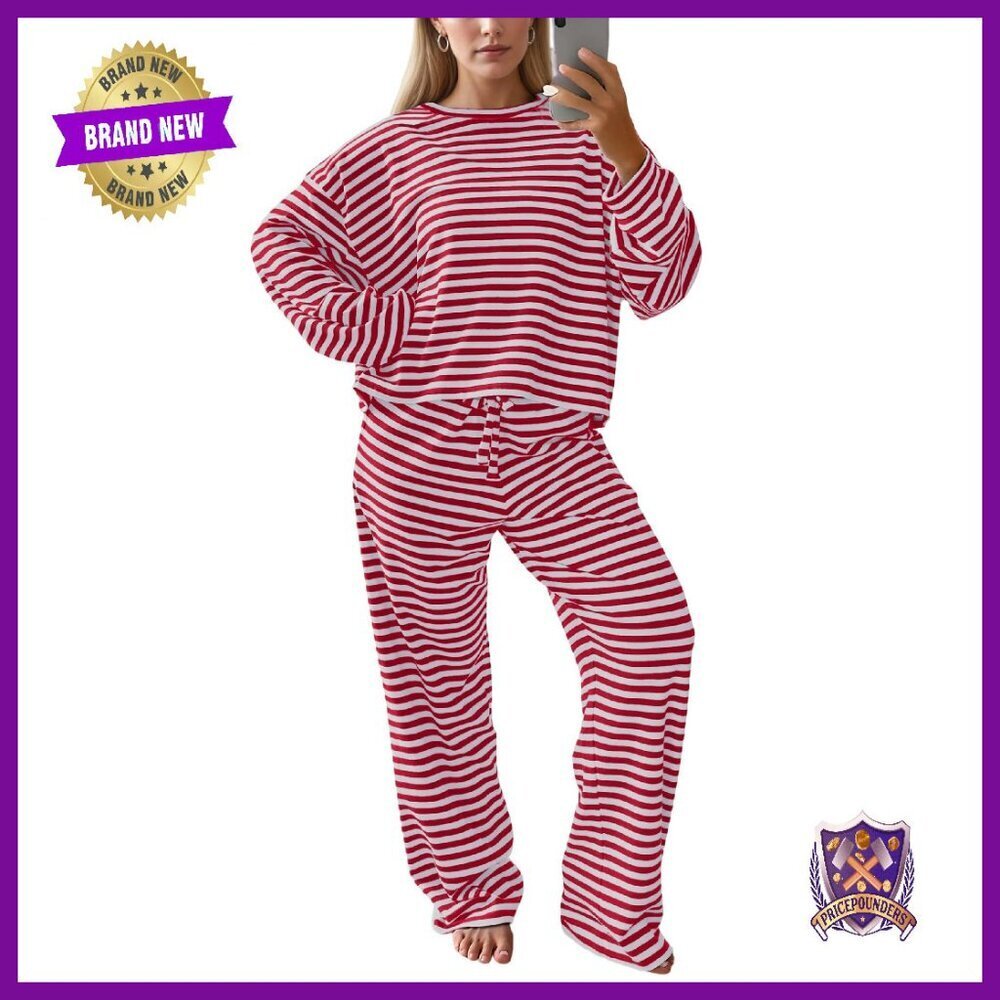 Women's Striped Lounge Set Long Sleeve Tee Wide Leg Pants Matching Pajamas